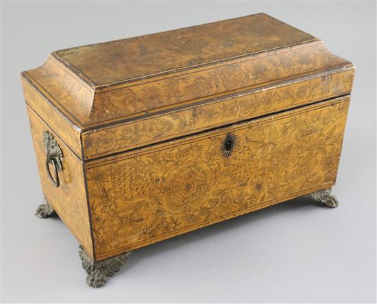A Regency penwork sarcophagus tea caddy, 12.5in.